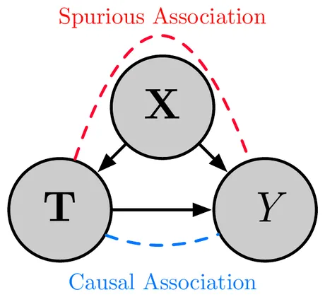 Spurious versus causal association between treatment T and outcome Y