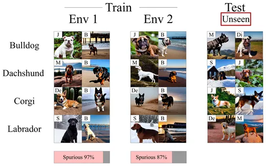 Spawrious dog breeds paired with spuriously correlated backgrounds across train and test environments